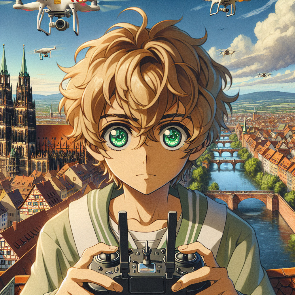 imagine in anime seraph of the end like look showing an anime boy with messy blond hair and green eyes working in drohnenfotografie nuernberg