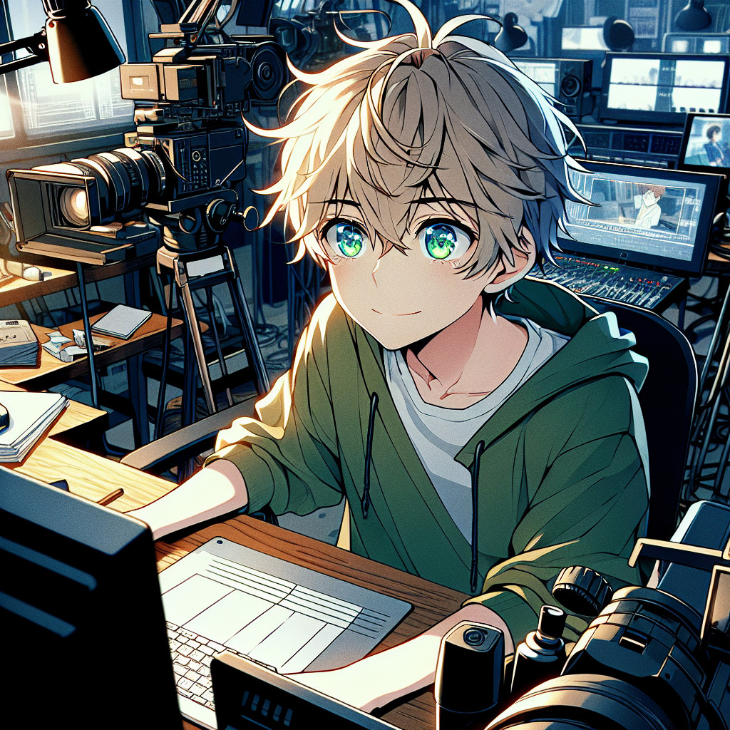 imagine in anime seraph of the end like look showing an anime boy with messy blond hair and green eyes working in filmemacher