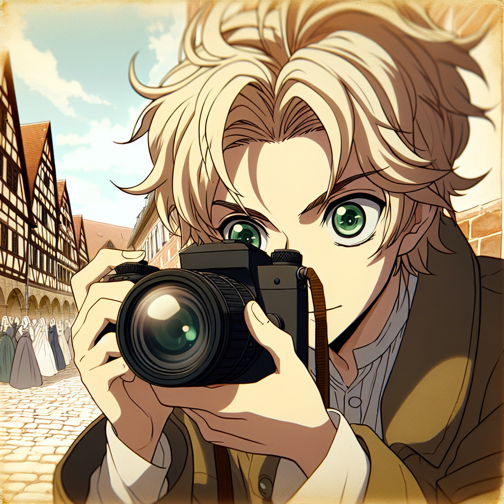 imagine in anime seraph of the end like look showing an anime boy with messy blond hair and green eyes working in hochzeitsfotograf aus nuernberg