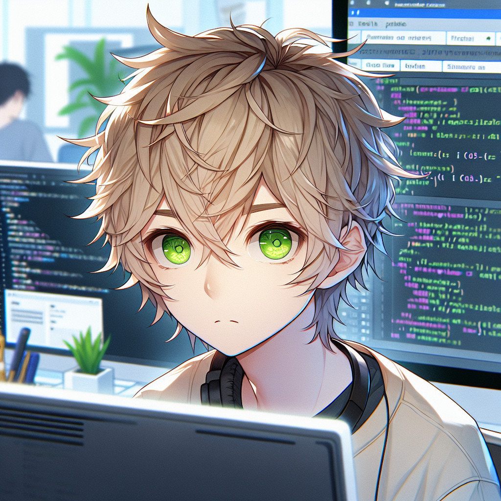 imagine in anime seraph of the end like look showing an anime boy with messy blond hair and green eyes working in ios app entwickler