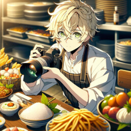 imagine in anime seraph of the end like look showing an anime boy with messy blond hair and green eyes working in lebensmittelfotograf aus nuernberg uai