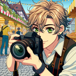 imagine in anime seraph of the end like look showing an anime boy with messy blond hair and green eyes working in messefotograf aus nuernberg uai