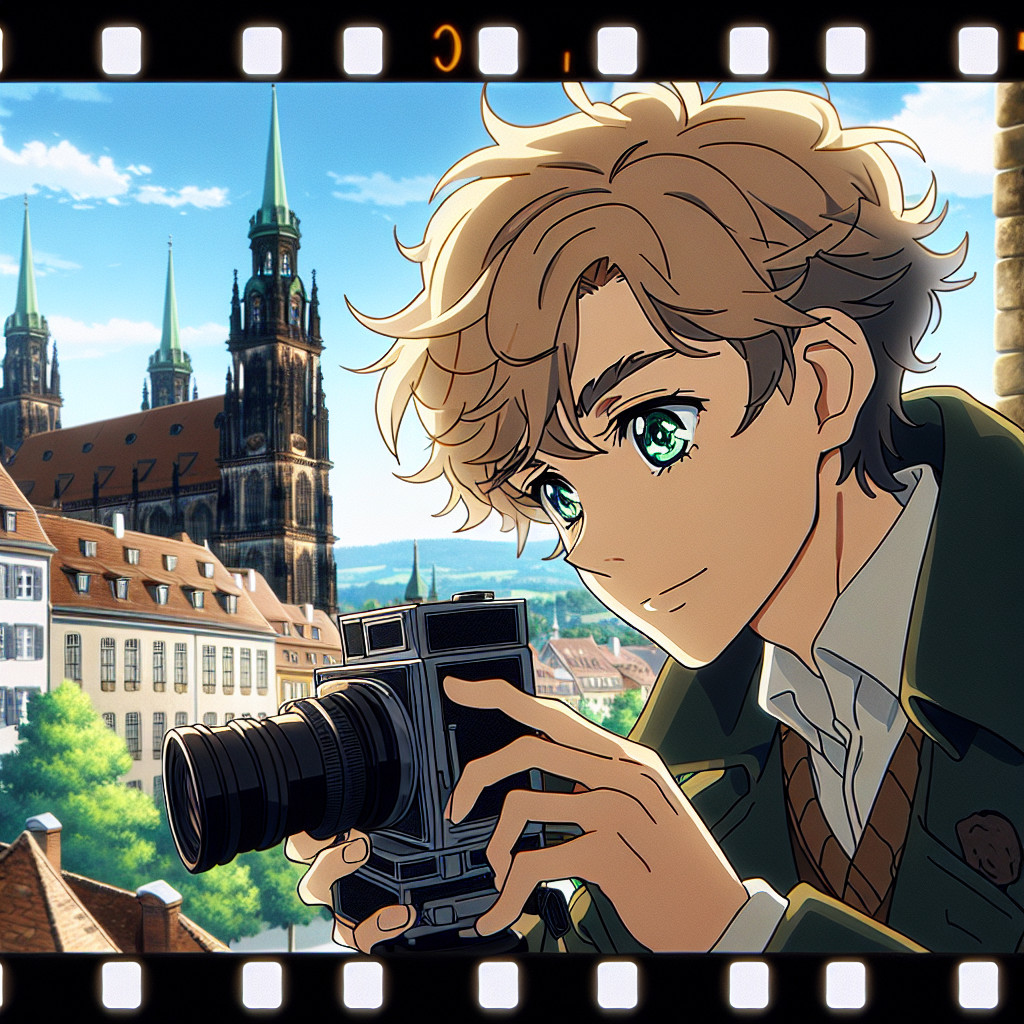 imagine in anime seraph of the end like look showing an anime boy with messy blond hair and green eyes working in outdoor fotograf aus nuernberg