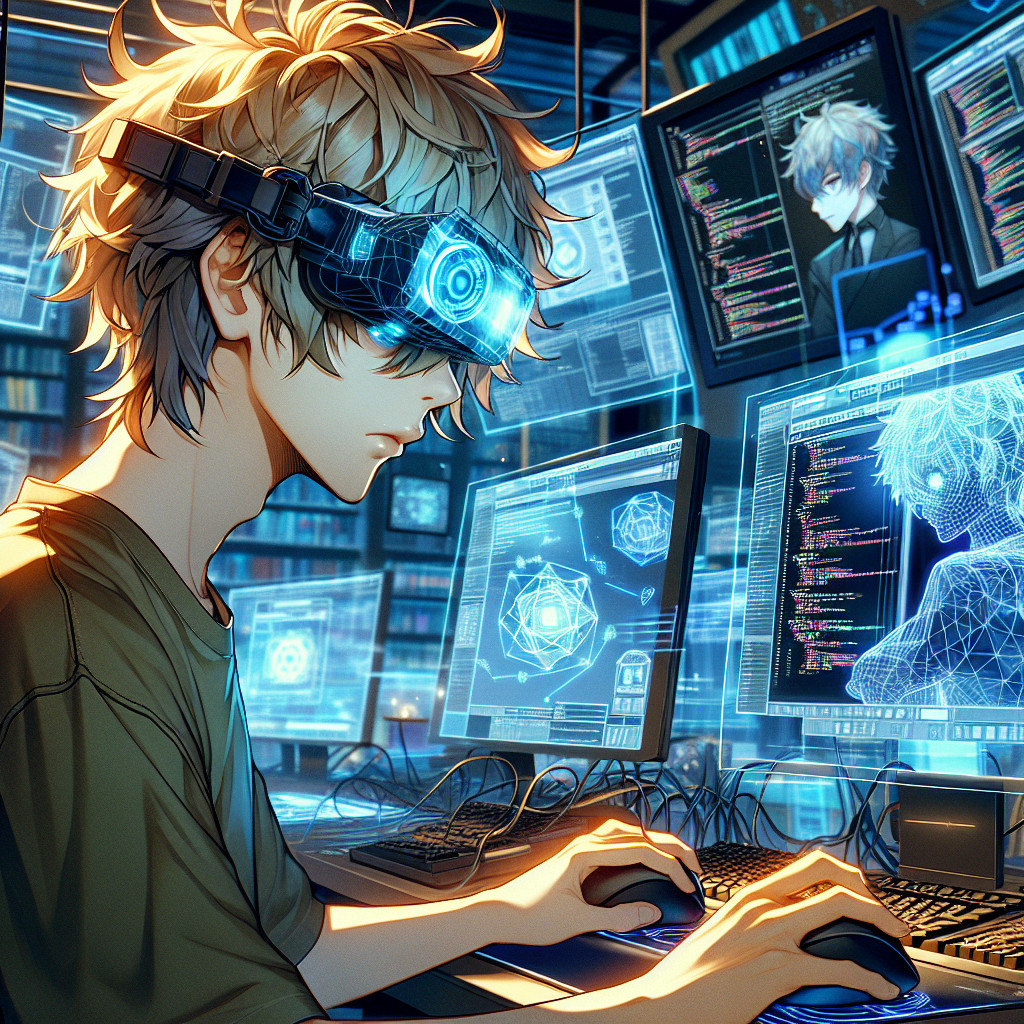imagine in anime seraph of the end like look showing an anime boy with messy blond hair and green eyes working in vr entwickler