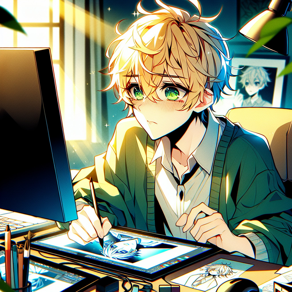 imagine in anime seraph of the end like look showing an anime boy with messy blond hair and green eyes working in website fuer kuenstler