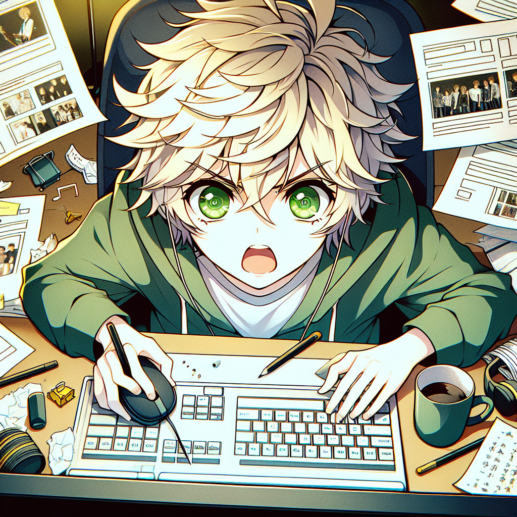 imagine in anime seraph of the end like look showing an anime boy with messy blond hair and green eyes working in website fuer saenger und bands