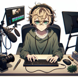 imagine in anime seraph of the end like look showing an anime boy with messy blond hair and green eyes working in youtube inhalteersteller uai
